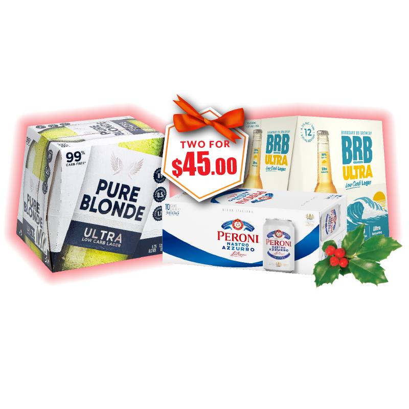 Pure Blonde 12pk btls, BRB Ultra 12pk btls, Peroni 10pk cans any 2 For $45.00