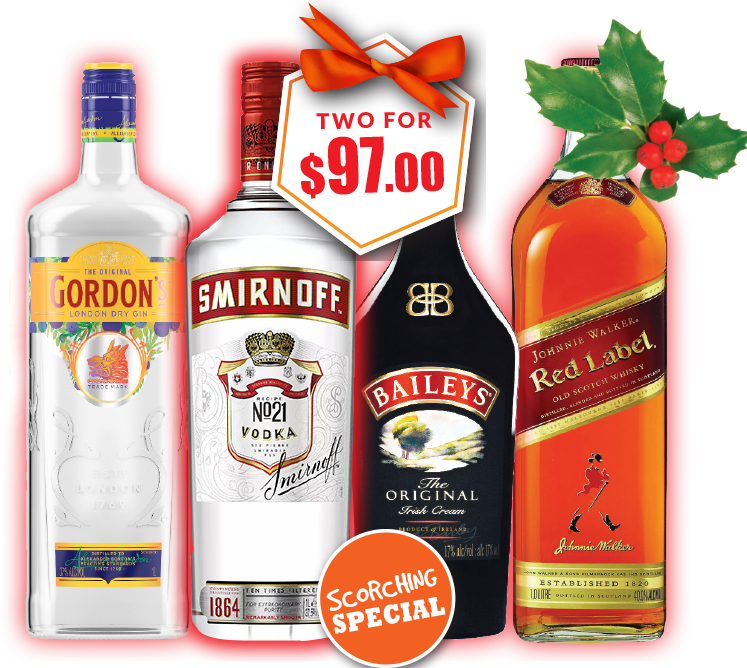 Gordon's, Smirnoff, Bailey's, Johnnie Walker Red 1Ltrs 2 For $97.00