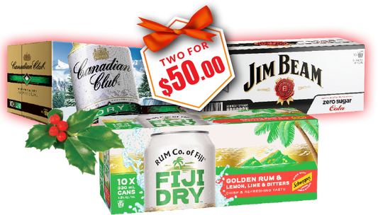 Jim Beam & Cola; Canadian Club (incl Zero); Canadian Club Soda & Lime; Fiji Rum Co 4.8% 10pks; Jim Beam Gold 7% 8pk; all 330ml cans 2 for $50.00