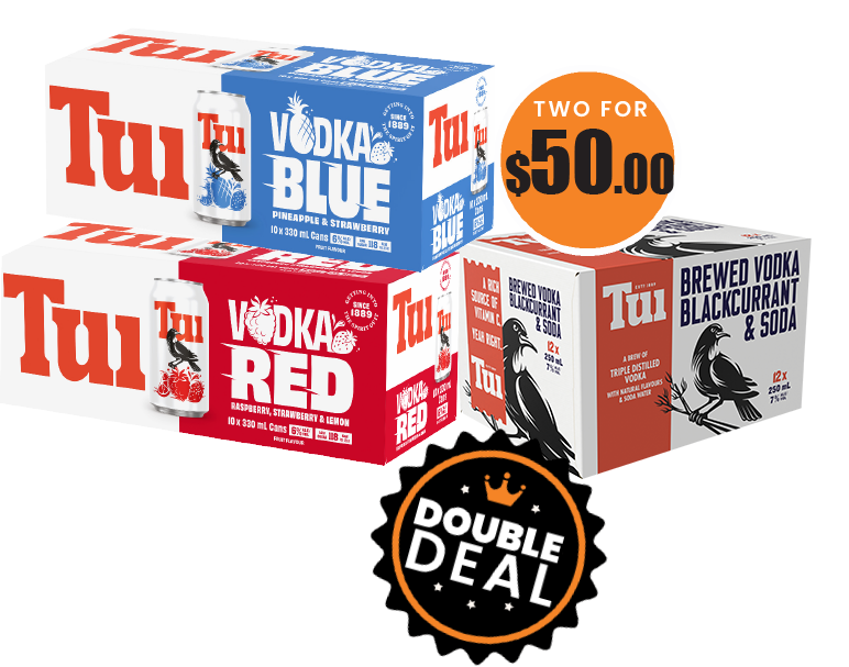 Tui Lemon; Red, Blue Soda 6% 330ml 10pks, Tui Vodka Soda 7% 250ml 12pk can range any 2 For $50.00