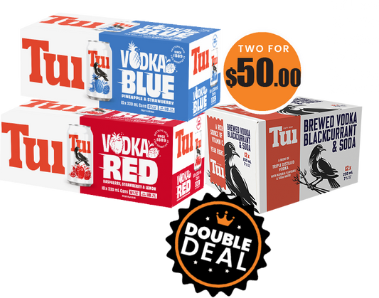 Tui Lemon; Red, Blue Soda 6% 330ml 10pks, Tui Vodka Soda 7% 250ml 12pk can range any 2 For $50.00