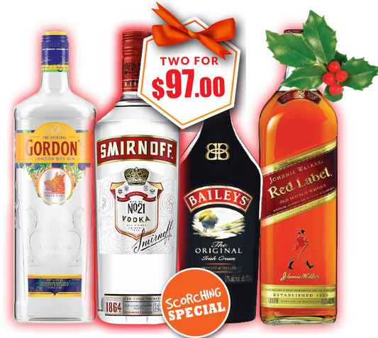 Gordon's, Smirnoff, Bailey's, Johnnie Walker Red 1Ltrs 2 For $97.00